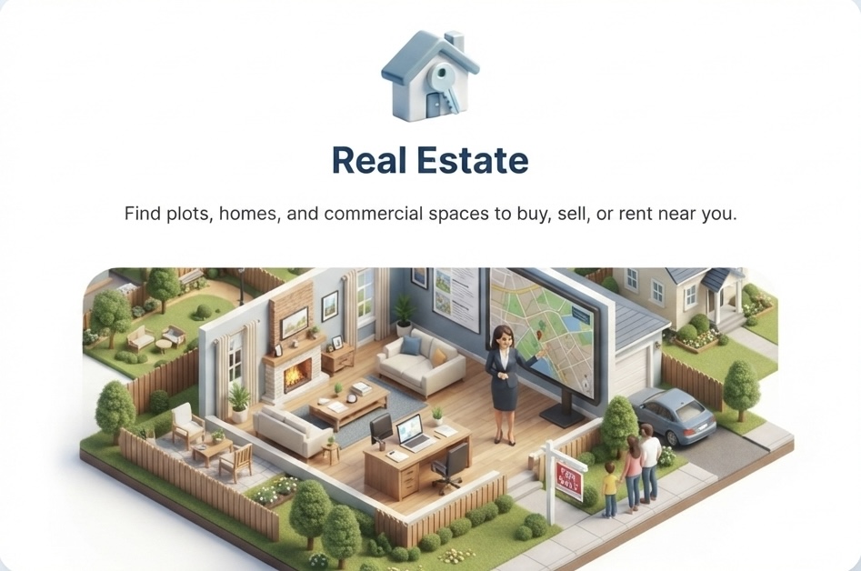 Real Estate — Find plots, homes, and commercial spaces to buy, sell, or rent near you.
